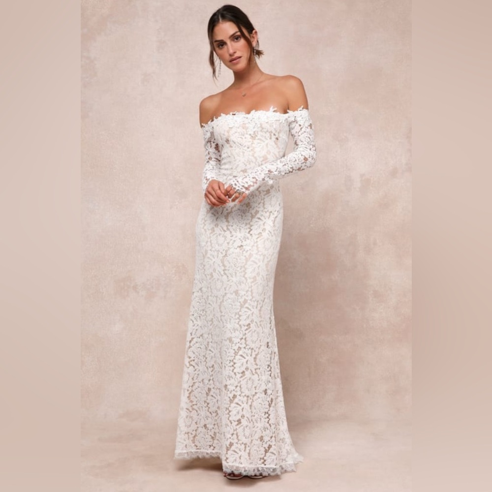 🤍NWT🤍 Lulu’s White Lace Off-the-Shoulder Maxi Dress / Style: Romance Dreamer